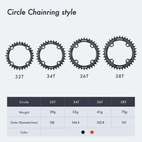 Four sizes of chainrings with weights and diameters for 104 BCD Four Arm Mountain Bike Crankset With Chainring And BSA Bottom Bracket Spindle 1x 2x 3x