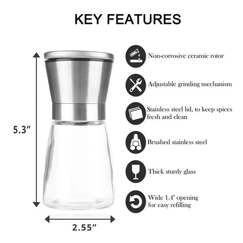 Manual Salt And Pepper Grinder For Pro Chefs With Adjustable Coarseness Ceramic Blades Stainless Cap Refillable Glass Body 6 Oz Keeps Spices Fresh And Flavorful For Everyday Home Cooking