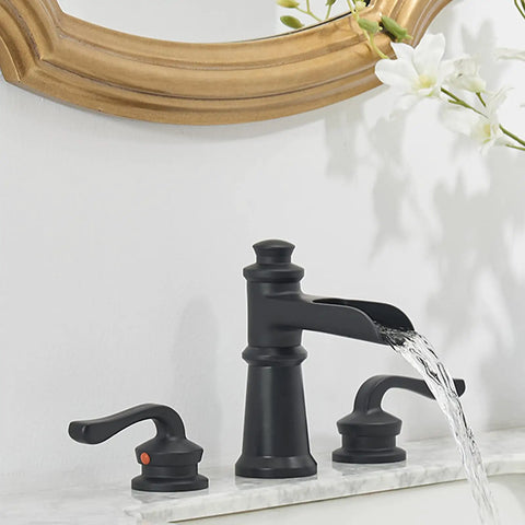 Black Waterfall Bathroom Faucet With 8 Inch Widespread Arc, Dual Lever Handles, Farmhouse Style 3-Hole Vanity Faucet With Pop Up Drain
