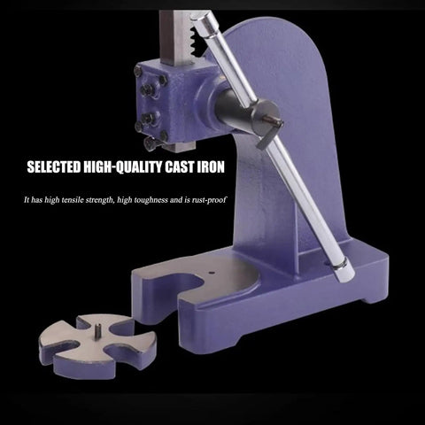 Heavy Duty Cast Iron Arbor Press 0.5 To 2 Ton Desktop Punch Machine, showing durable construction and hand crank for metal forming.