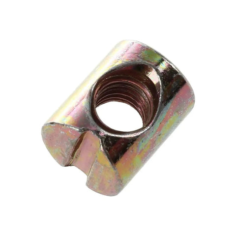 Close-up of a carbon steel slotted nut from the M6 Cross Dowel Barrel Nuts Set for Hidden Furniture Joints, 60 pcs. Zinc plated.