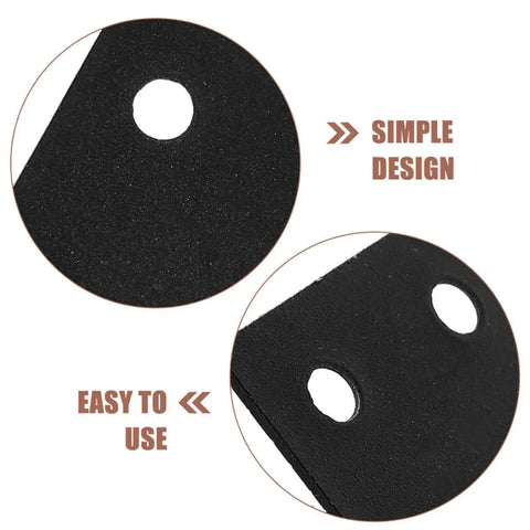 Close-up of Six Pack Stainless Steel Straight Mending Plates For Wood Furniture Repair with Black Finish, showing burr-free holes