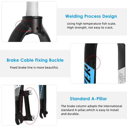 Close-up of welding, brake cable buckle, and A-pillar on rigid mountain bike forks for 29 inch wheels, lightweight aluminum alloy.