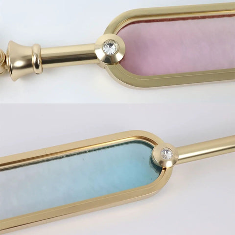 Gold Aluminum Stair Balusters With Tempered Glass Sleek Deck Post Railing No Sweat Install Staircase Rail Replacement 10 Pack 33 5 Inch close-up of pink and blue tempered glass with gold accents