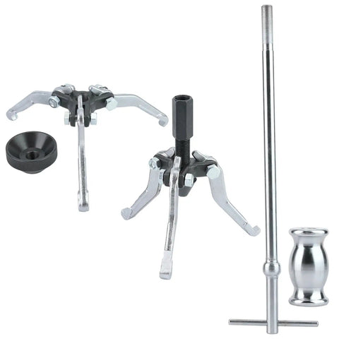 Badass 5 Piece Carbon Steel Internal External Gear Bearing Puller Removal Tool Kit With 100 MM Triple Leg Sliding Hammer 1 2 KG Weight For Strong Grip Locking Easy Extraction Of Stuck Bearings In Your Shop, steel puller kit with three-jaw arms and sliding hammer