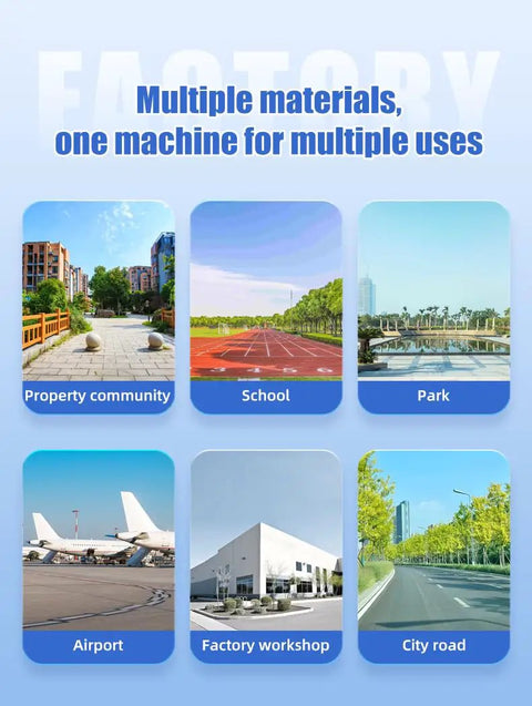 Image showcasing various environments for the Ride On Floor Sweeper For Warehouse Factory Industrial Cleaning Machine Heavy Duty Walk Behind Sweepers For Large Commercial Spaces Outdoor Concrete Pavement Efficient Grit And Dust Removal Systems.