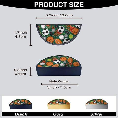Two Pack Customizable Panel Cabinet Handles, sports-themed, 3 Inch Center Hole Semicircle Drawer Pulls, solid zinc alloy, black base