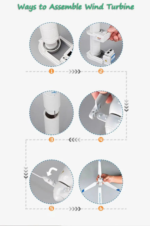 Steps to assemble the 2 In 1 Wind Turbine And Platform Trailer Playset, showing hands connecting turbine parts and components.