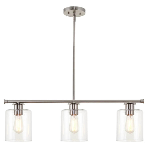 Three Light Kitchen Island Fixture With Clear Glass Cylinder Shades In Warm Brass Finish, Modern Industrial Farmhouse Pendant Lighting