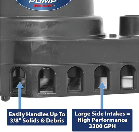 Close-up of large side intakes on 1/2 HP Thermoplastic Submersible Sump Pump With Tethered Float Switch For Heavy Duty Water Removal Up To 3,300 GPH And 25 Ft Lift, 1-1/2 Inch NPT Discharge, highlighting solid handling capability.