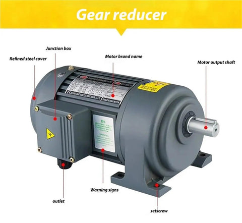 Close-up of Heavy Duty Three Phase Gear Reducer Motor 380V with junction box, refined steel cover, and output shaft.