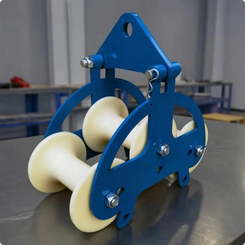 Rugged Heavy Duty Cable Pulley Roller Guide Block With Bolted Steel Bracket For Tough Job Sites In Utility And Construction Work 160x140mm H Type Two Wheel Nylon Sheave For Smooth Routing Through Turns And Corners, blue