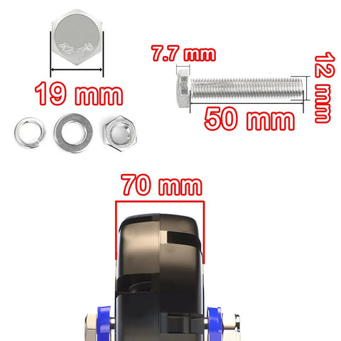 Heavy Duty 12 Inch Fixed Caster Wheel Set Of 4 with solid rubber wheels, screws, and measurements highlighted in red.