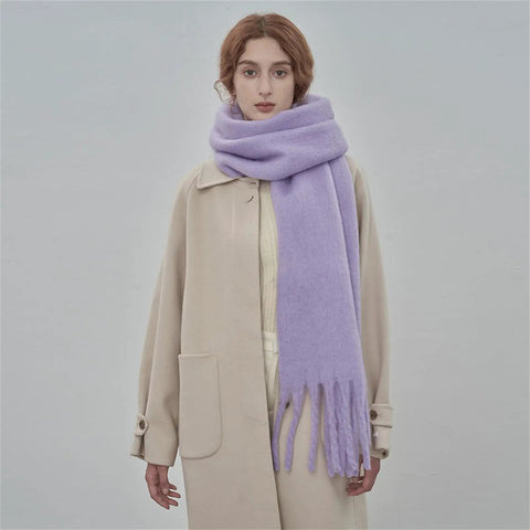 Cozy large blanket wrap shawl for women in soft thick knit scarf neck warmer, model wearing lavender shawl over coat
