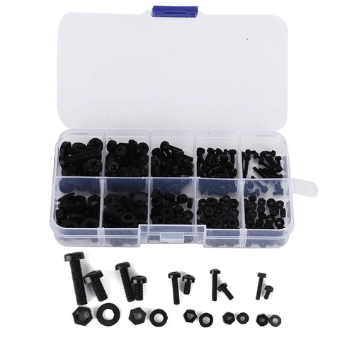Rock Solid 270pc Nylon Screw Nut Washer Assortment Kit With M4 And M5 Threaded Plastic Fasteners, black parts in storage case