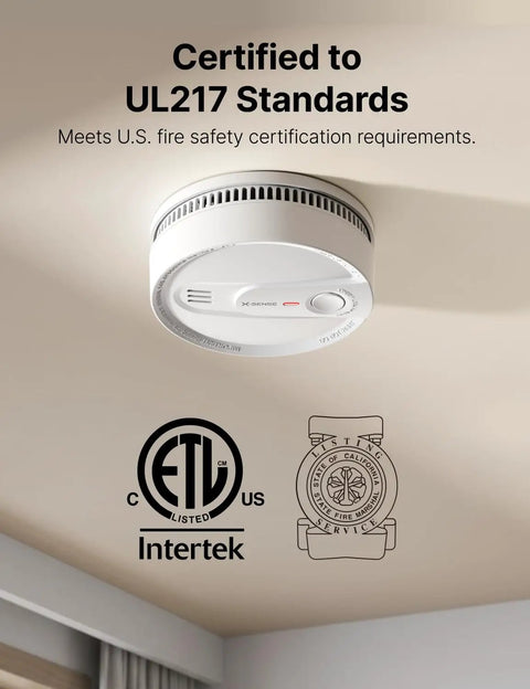 Premium Smoke Detector Alarm With 10 Year Tamper Resistant Lithium Battery UL 217 Certified installed on ceiling with safety certifications visible.