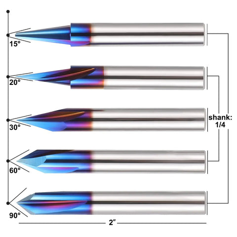 Top Shelf 5 Piece Cnc Router Bits Set For Wood Carving Uses Slick Quarter Inch Shank showing 15° to 90° angle profiles.