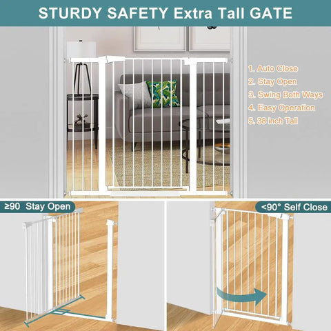 Extra Tall Baby Gate 38 Inch High For Stairs And Doorways Extra Wide 57 To 59 Inch Pressure Mounted Indoor Gate in living room