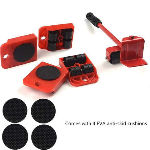 Heavy Duty Furniture Lifter And Mover Tool Set With Roller Steel Movers for Easy Safe Moving of Sofas and Couches, red and black components with EVA cushions