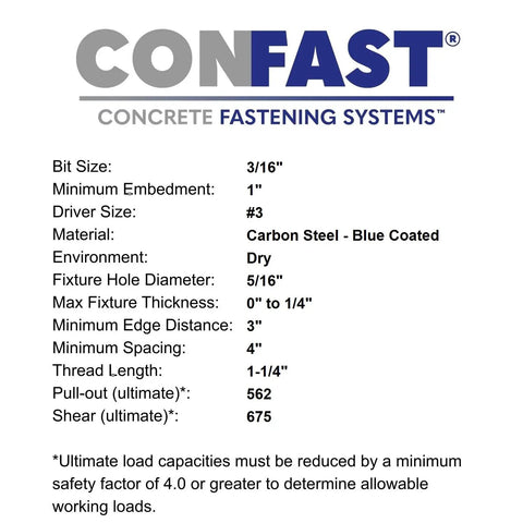 Specifications for 3/16" CONFAST concrete fastening systems, carbon steel blue coated, includes bit size and load capacities.