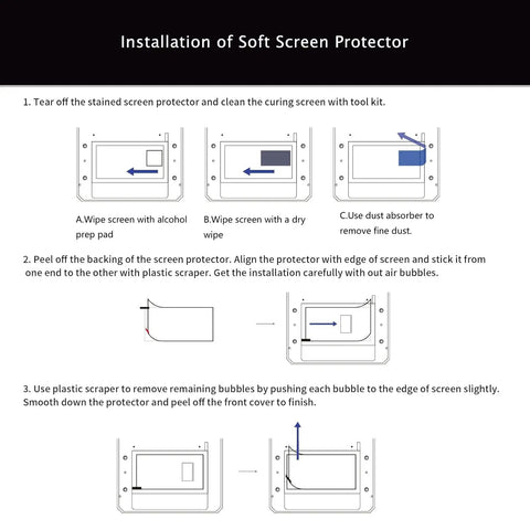 Installation guide for Straight Up Superior Screen Protector For 8.9 Inch Resin 3D Printer Display with step-by-step graphics.