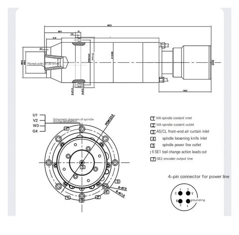Technical diagram of BT30 Automatic Tool Changer Electric Spindle For CNC Engraving And Milling, showing dimensions and connections.