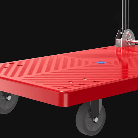 Heavy Duty Folding Platform Cart And Four Wheel Hand Truck with a red flat surface and black wheels for easy hauling.