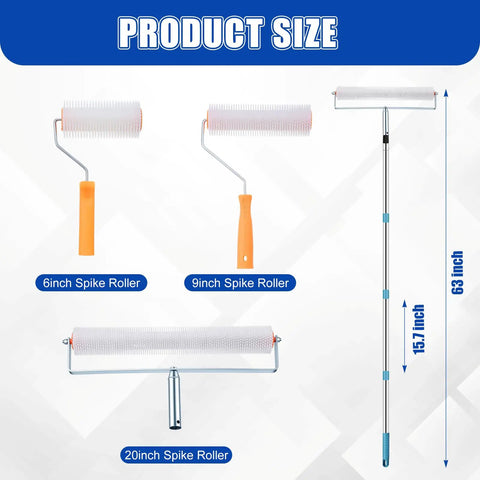 Three Piece Spiked Roller Set Pro Grade For Self Leveling And Epoxy Floors Includes 6 Inch 9 Inch And 20 Inch Heads Removable
