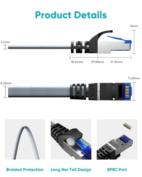 Cat8 Ethernet Cable 50 Ft Nylon Braided Shielded SFTP Patch Cord For Turbo Fast Network 40Gbps And 2000MHz Bandwidth RJ45 details