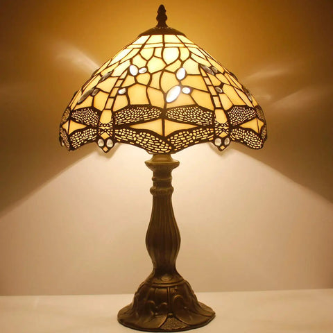 Cream Stained Glass Dragonfly Tiffany Bedside Table Lamp 12x12x18 Inches Reading Light with vintage green bronze base
