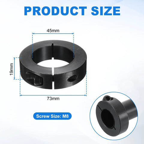 Two Piece Single Split Shaft Collar With 45mm Bore, 73mm Outer Diameter, 19mm Thick, Black Oxide 1045 Steel, Set Screws Included