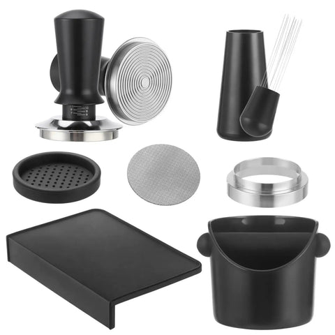 Kickstart Your Daily Grind With This Dope 6 Piece Espresso Accessory Kit Featuring A Heavy Duty 58 Mm Tamper Distribution Tool Dosing Funnel Puck Screen Knock Box And Grip Mat For Next Level Shot Prep Every Single Time - Espresso tools include tamper, puck screen, knock box, and mat.