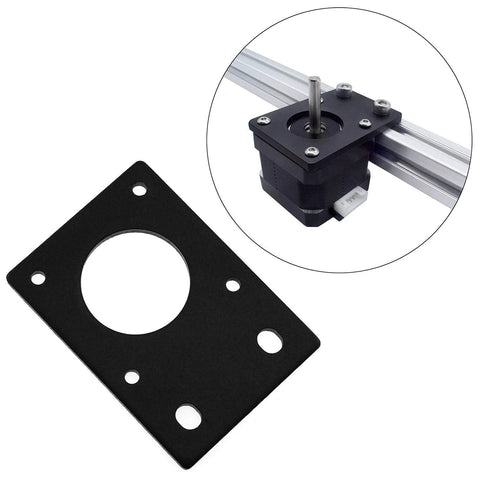 Black aluminum NEMA 17 motor mount plate for 3D printers, durable 42x60mm, suitable for EU/non-EU standards, 2.5mm thick.
