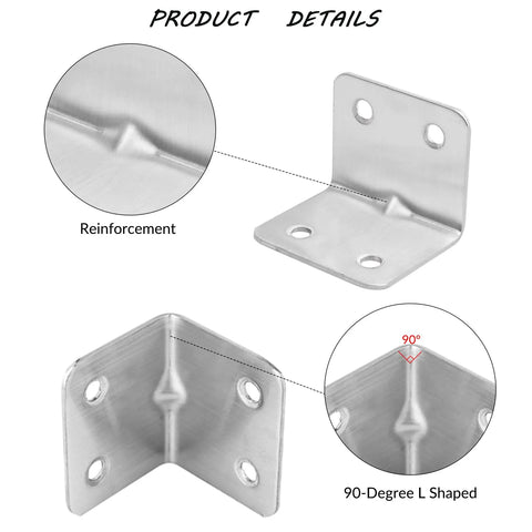 24 Pack Wood Corner Brackets 90 Degree L Shaped Stainless Steel With Screws for Furniture, detailed view showing reinforcement.