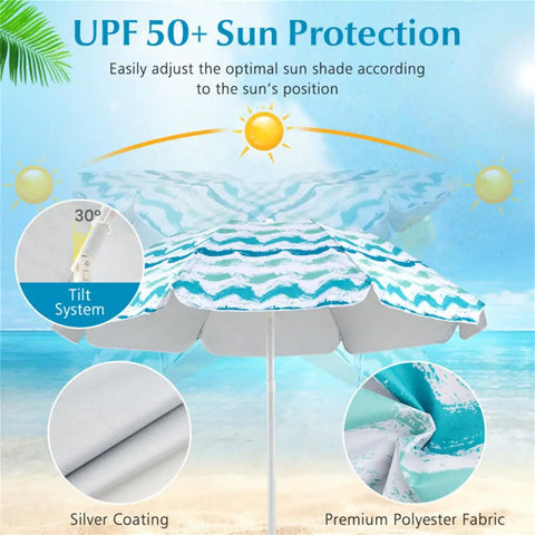Blue Four Piece Beach Set With Sun Proof Umbrella showing tilt system and premium polyester fabric in seaside setting.