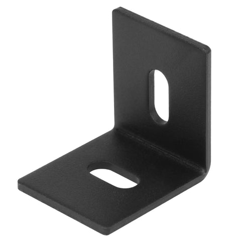 Close-up of a heavy duty black corner brace, slotted design for table tops and woodworking builds, 1¾×1¾×1½in.