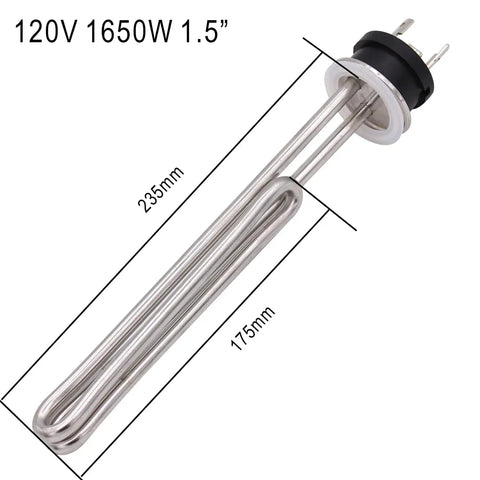120V 1650W Foldback Tri Clamp Stainless Steel Immersion Water Heater with measurements and 3 wire locking plug L5-30