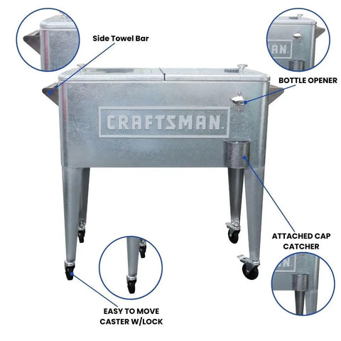Craftsman Licensed 80-Quart Galvanized Cooler With Wheels For Outdoor Patio Porch Tailgate Ready Ice Chest Ideal For Worksites And Backyard Parties