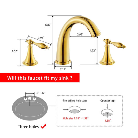Slick Polished Gold Brass Widespread Bathroom Faucet 3 Hole Mount With Dual Handles Ceramic Cartridge Includes Water Supply Lines Rust And Corrosion Resistant And Built To Last For Sink, with measurements and sink fit illustration