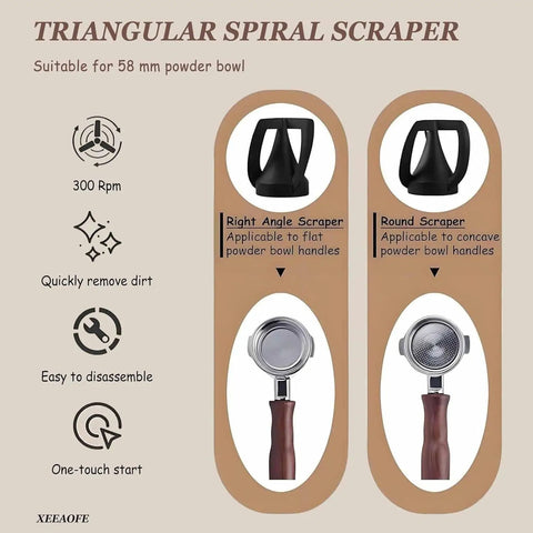 Triangular spiral scrapers for 58mm powder bowl, showcasing right angle and round designs, part of Top Notch Electric Portafilter Cleaner Knock Box Setup.