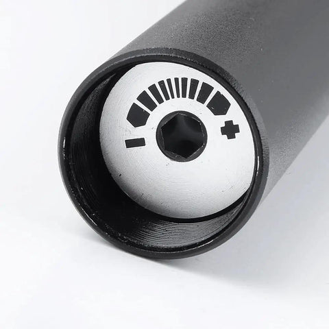 Bottom adjustment detail of Suspension Seat Post With Protective Cover 27.2mm By 350mm Black For Mountain Bikes, 50mm Travel.