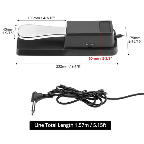 Universal Sustain Pedal For Keyboard With 1/4 Inch Plug Polarity Switch Built To Last Works With Digital Pianos Chrome Shell Dimensions