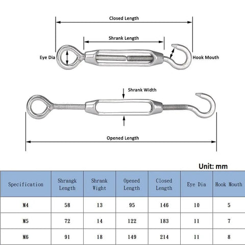 Diagram of M4 Turnbuckle Wire Rope Tensioner Set With Eye And Hook, Stainless Steel 304, measurements in millimeters