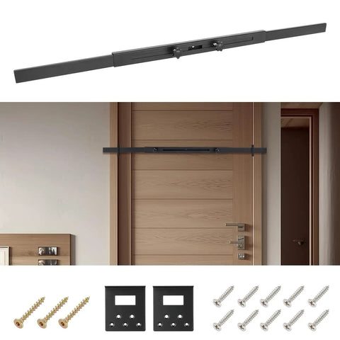 Badass Heavy Duty Door Security Bar Set Rock Solid Adjustable Barricade Bracket installed on wooden door with screws.