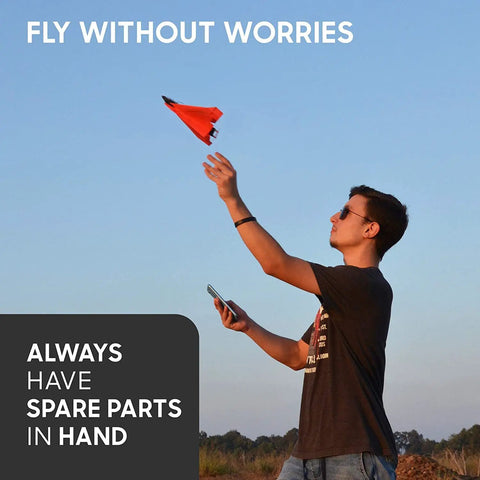 Man launching paper airplane using smartphone, featuring 4.0 Accessory Kit For Smartphone Controlled Paper Airplanes - Landing Gear For Takeoff And Landing.