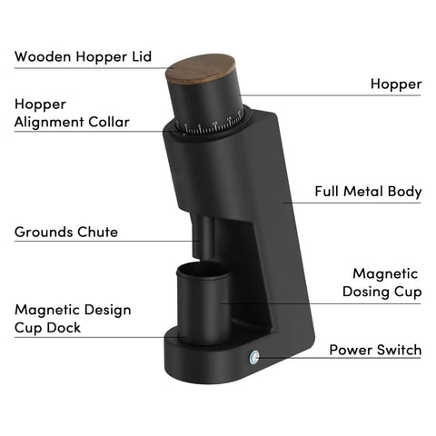 Top Shelf Electric Conical Burr Coffee Grinder Single Dose Fresh Roast Mill with detailed components labeled, including hopper and dosing cup.