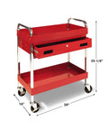 Red Two Shelf Utility Cart With Locking Drawer Heavy Duty 16 Gauge Steel Mobile Storage Cart For Tools And Gear with dimensions displayed