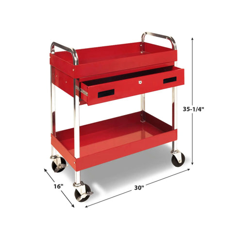 Red Two Shelf Utility Cart With Locking Drawer Heavy Duty 16 Gauge Steel Mobile Storage Cart For Tools And Gear with dimensions displayed