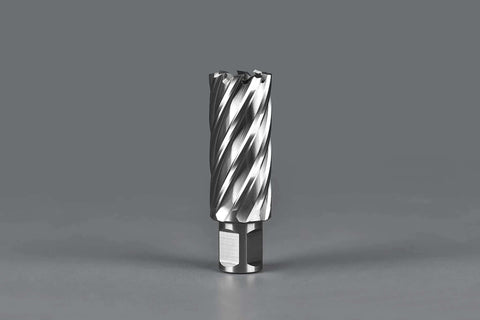 Annular cutter with Weldon shank and spiral flutes, front view, metallic silver.