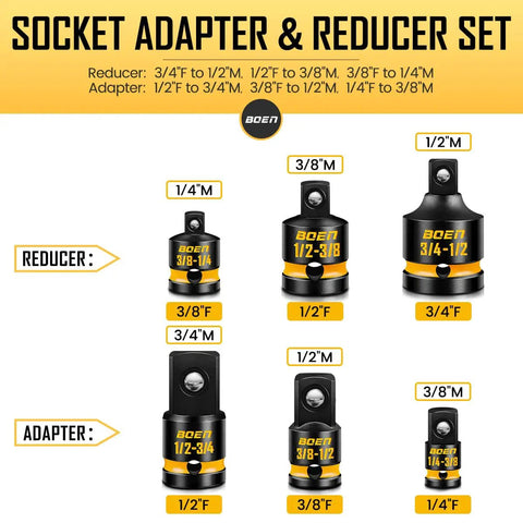 Versatile 9-Piece Impact Socket Adapter And Reducer Set For 1/4, 3/8, 1/2, And 3/4 Inch Drives with deep embossed markings.